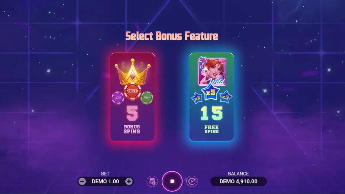 Tampilan visual futuristik dari slot Luck Reactor dengan elemen neon dan simbol klasik.