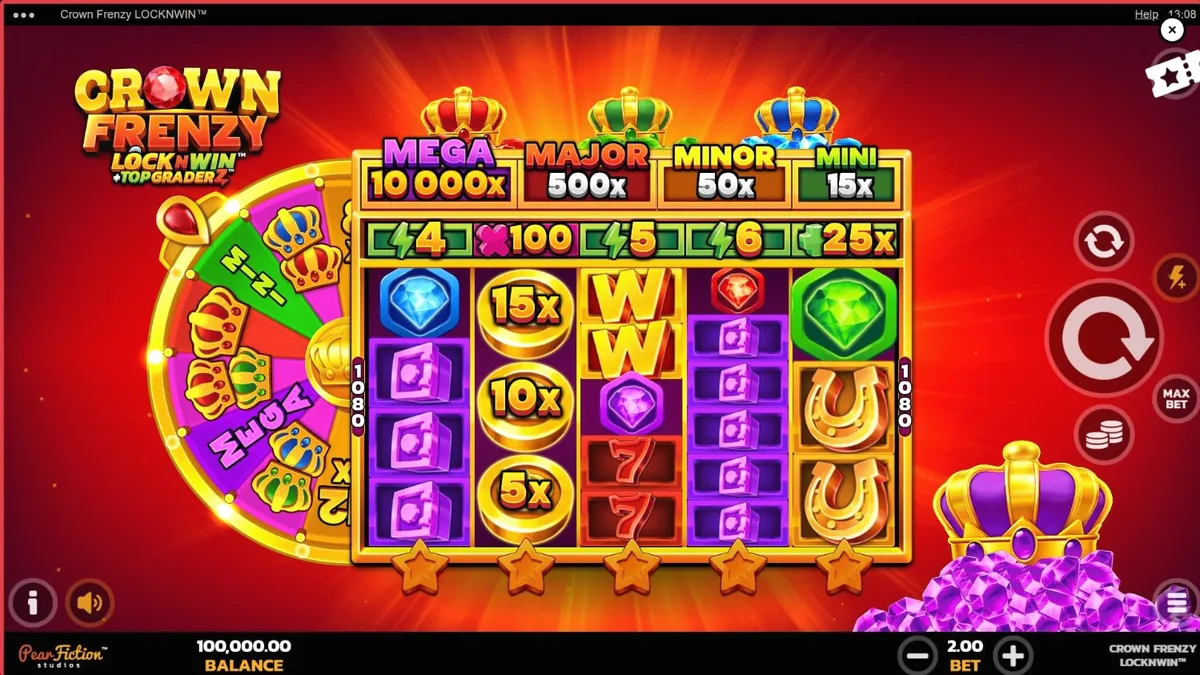 Tampilan antarmuka seluler slot Crown Frenzy LockNWin dengan desain mewah